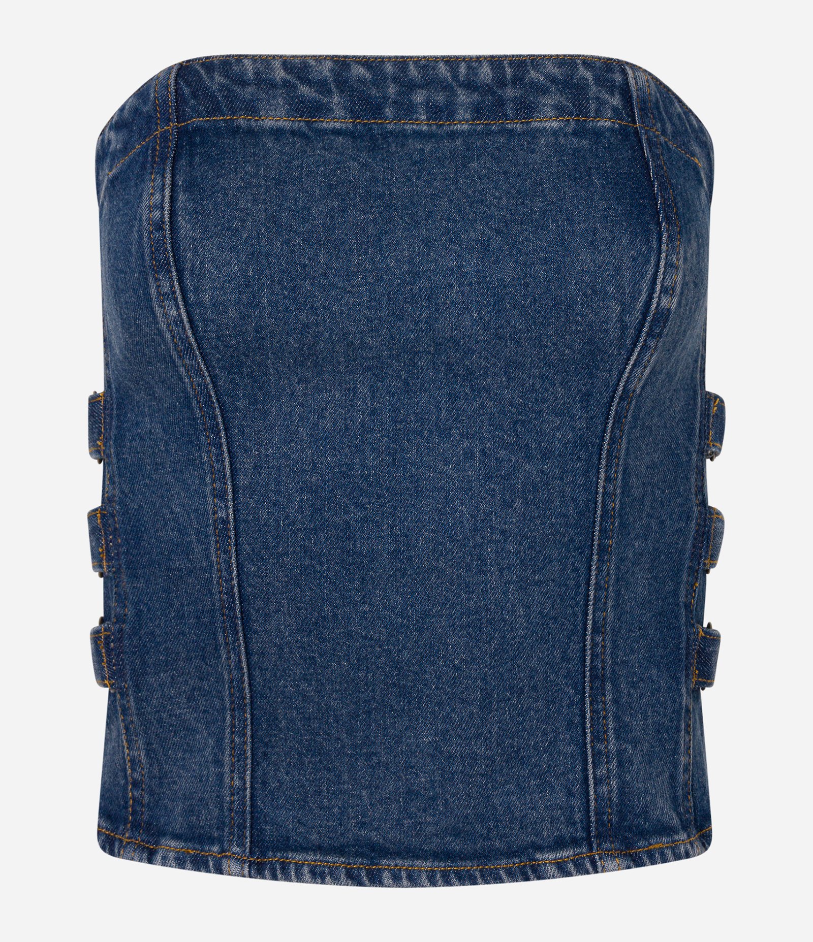 Top Tomara Que Caia em Jeans com Recortes Azul 5