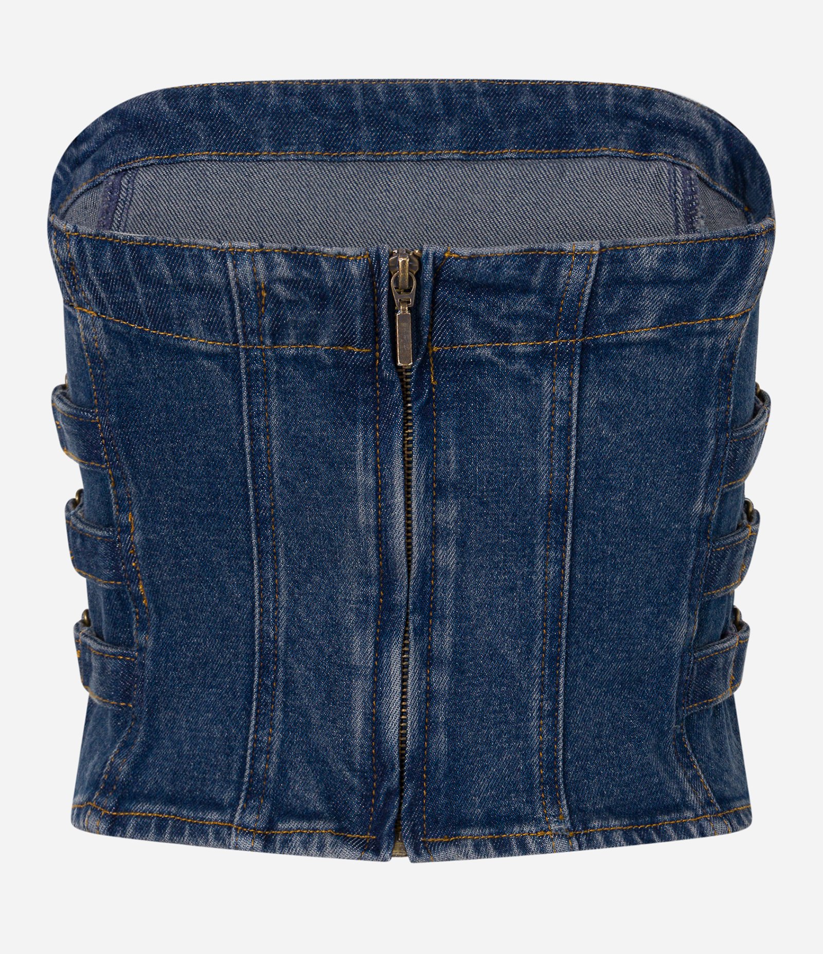 Top Tomara Que Caia em Jeans com Recortes Azul 7