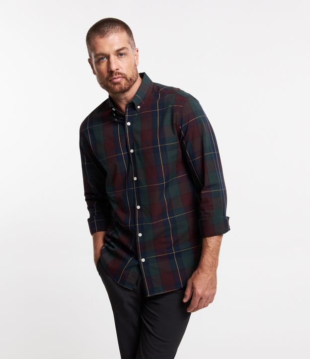 Camisa em Tricoline Xadrez Contrastante com Manga Longa