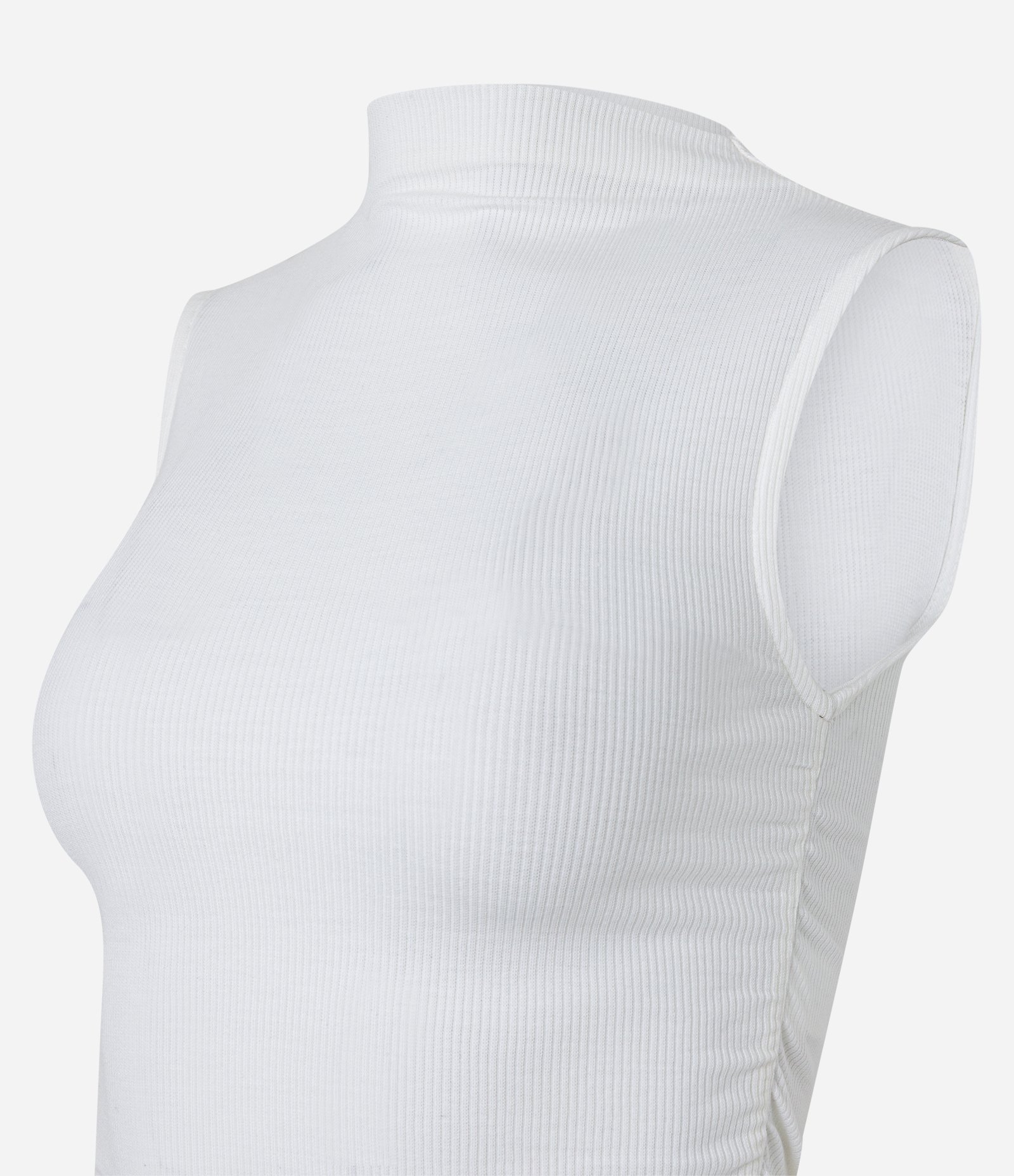 Blusa sem Manga em Ribana com Golinha Alta e Franzinho Lateral Branco Neve 6