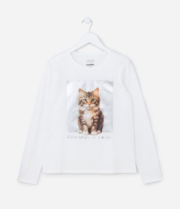 Camiseta Infantil com Estampa Gatinho - Tam 5 A 14 Anos