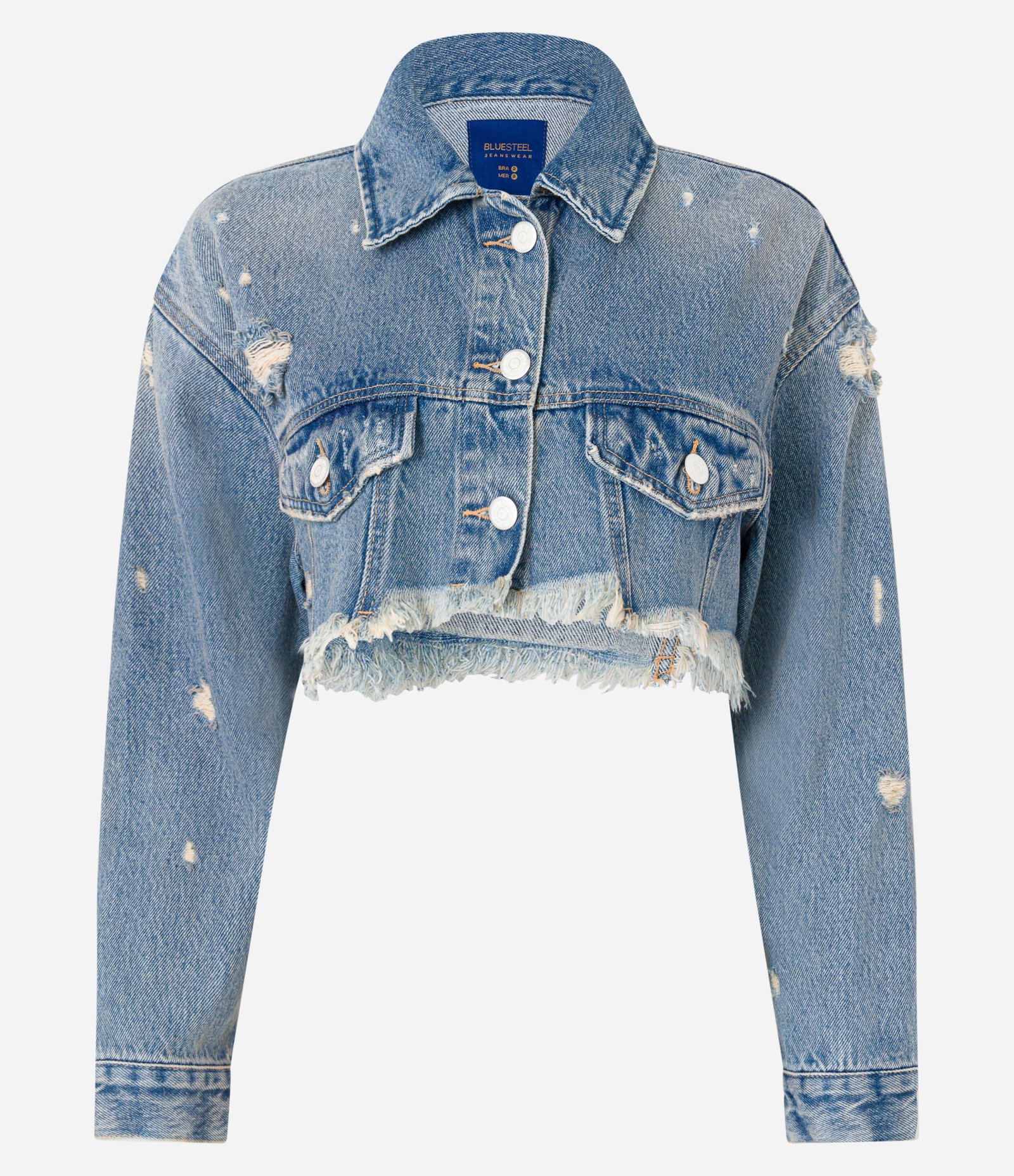 Jaqueta Cropped em Jeans com Barra Cortada e Puídos Azul 6