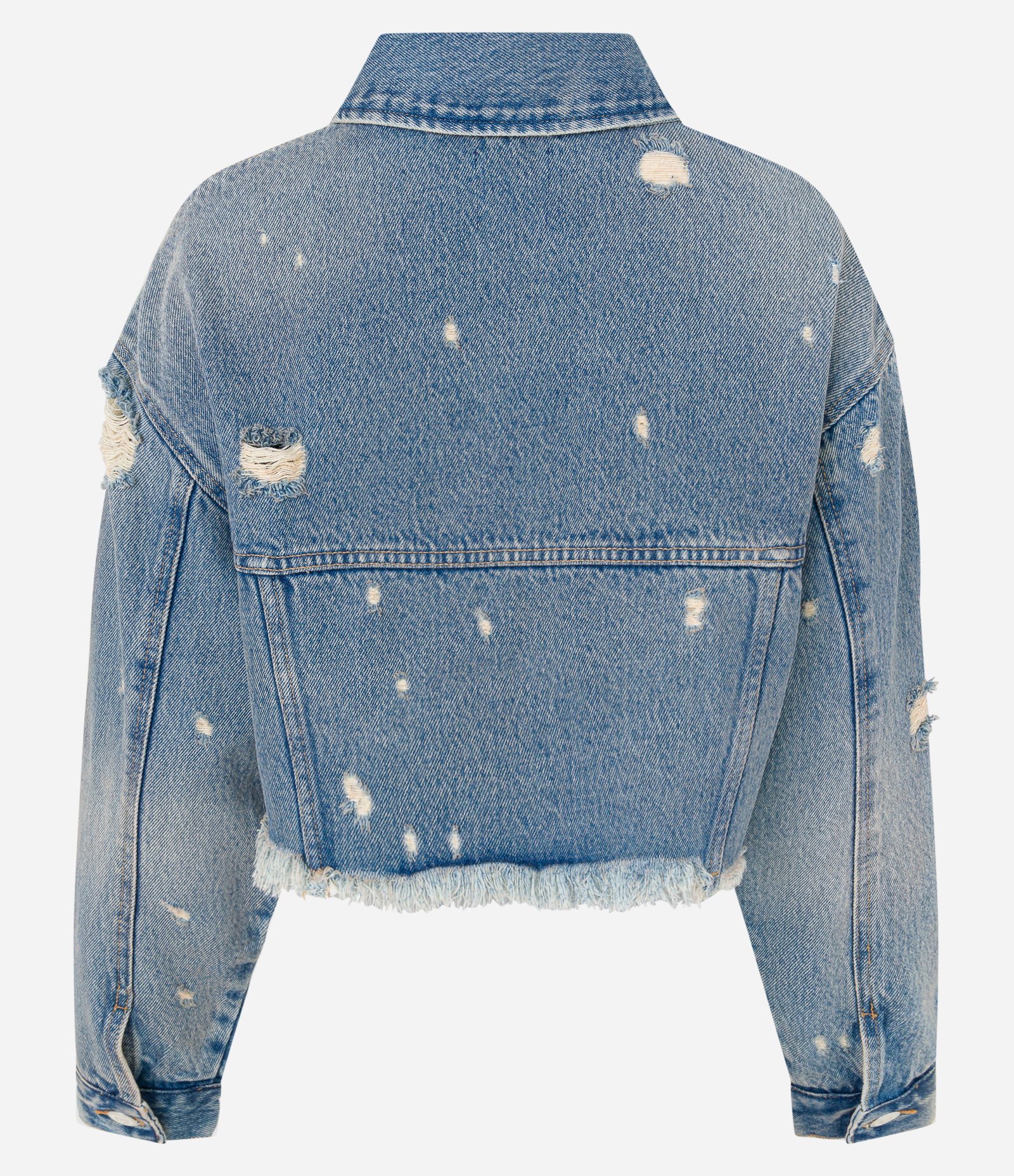 Jaqueta Cropped em Jeans com Barra Cortada e Puídos Azul 7