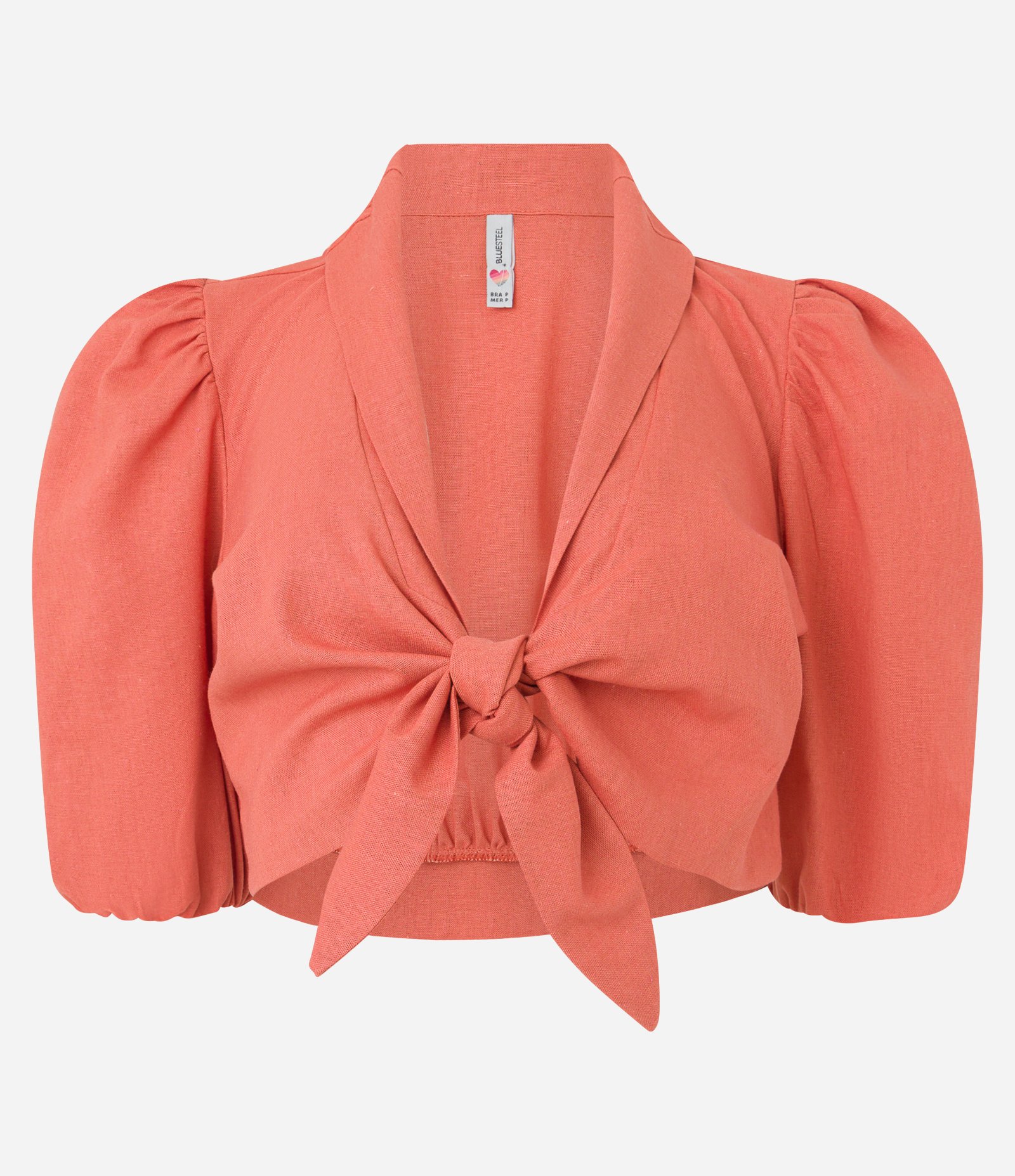 Blusa Cropped em Linho com Manga Bufante e Laço no Busto Laranja Salmão 5