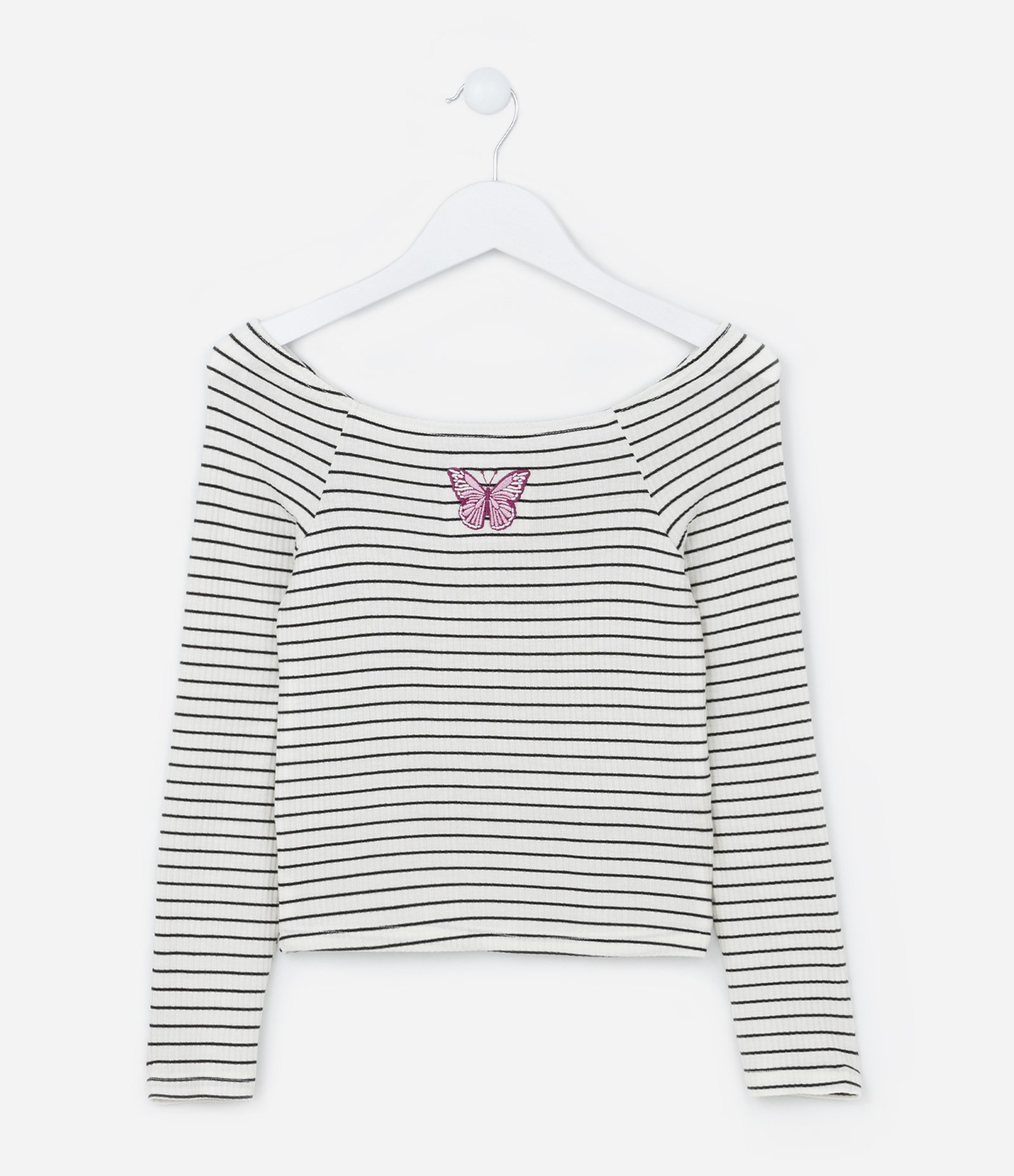Blusa Infantil Canelada com Bordado Borboleta - Tam 5 A 14 Anos Branco Neve 1