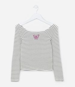 Blusa Infantil Canelada com Bordado Borboleta - Tam 5 A 14 Anos