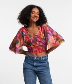 Blusa em Tule Floral com Manga Curta Ampla
