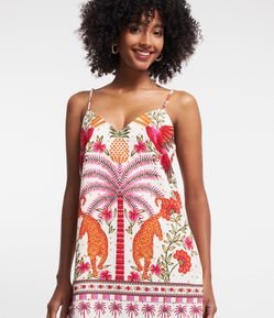 Vestido Curto em Viscose e Linho com Estampa Onças