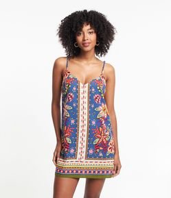 Vestido Curto em Viscose com Linho e Estampa Floral
