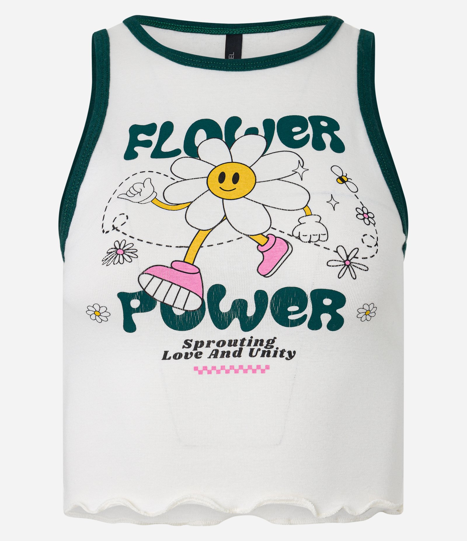Blusa Regata em Ribana com Estampa Flower Power e Frufru na Barra Branco 6