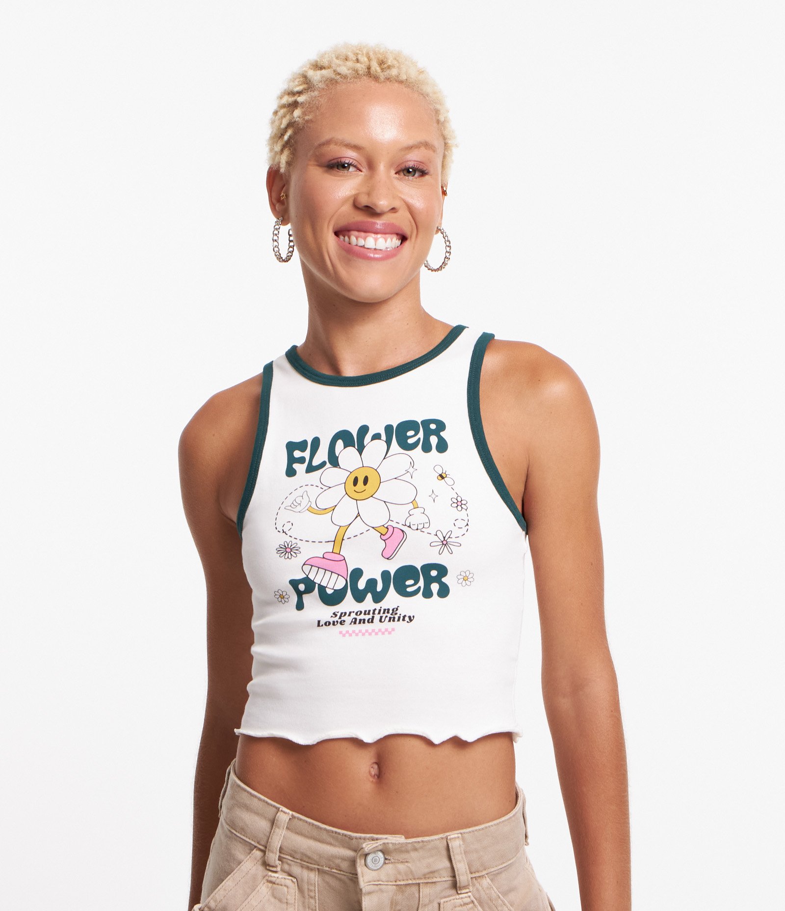 Blusa Regata em Ribana com Estampa Flower Power e Frufru na Barra Branco 5