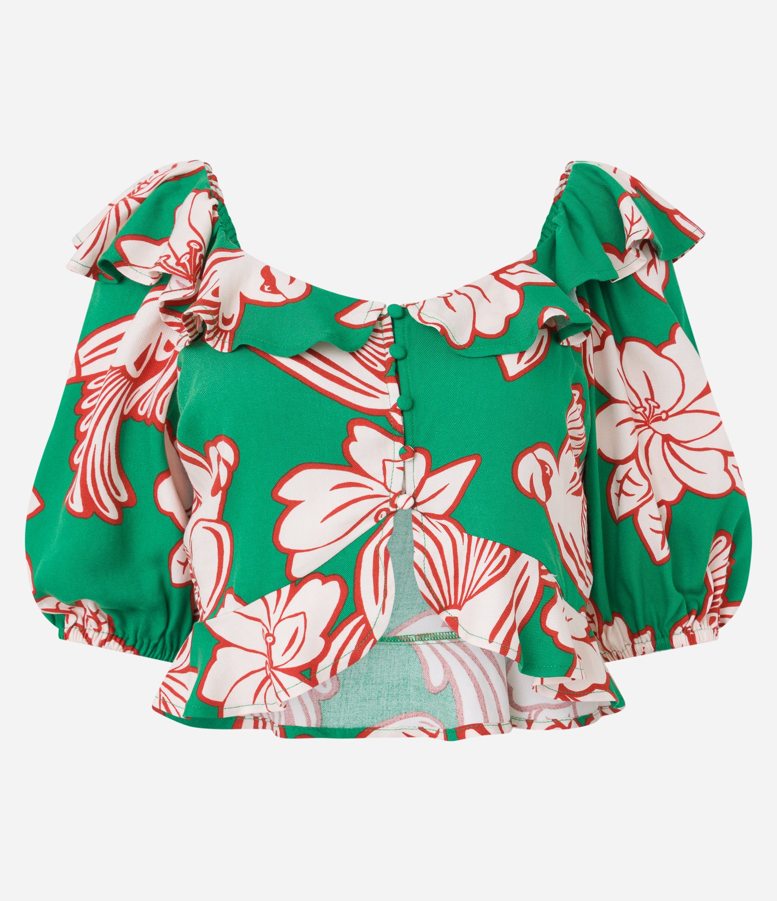 Blusa Cropped Manga Bufante em Viscose com Flores Estampadas Verde 5