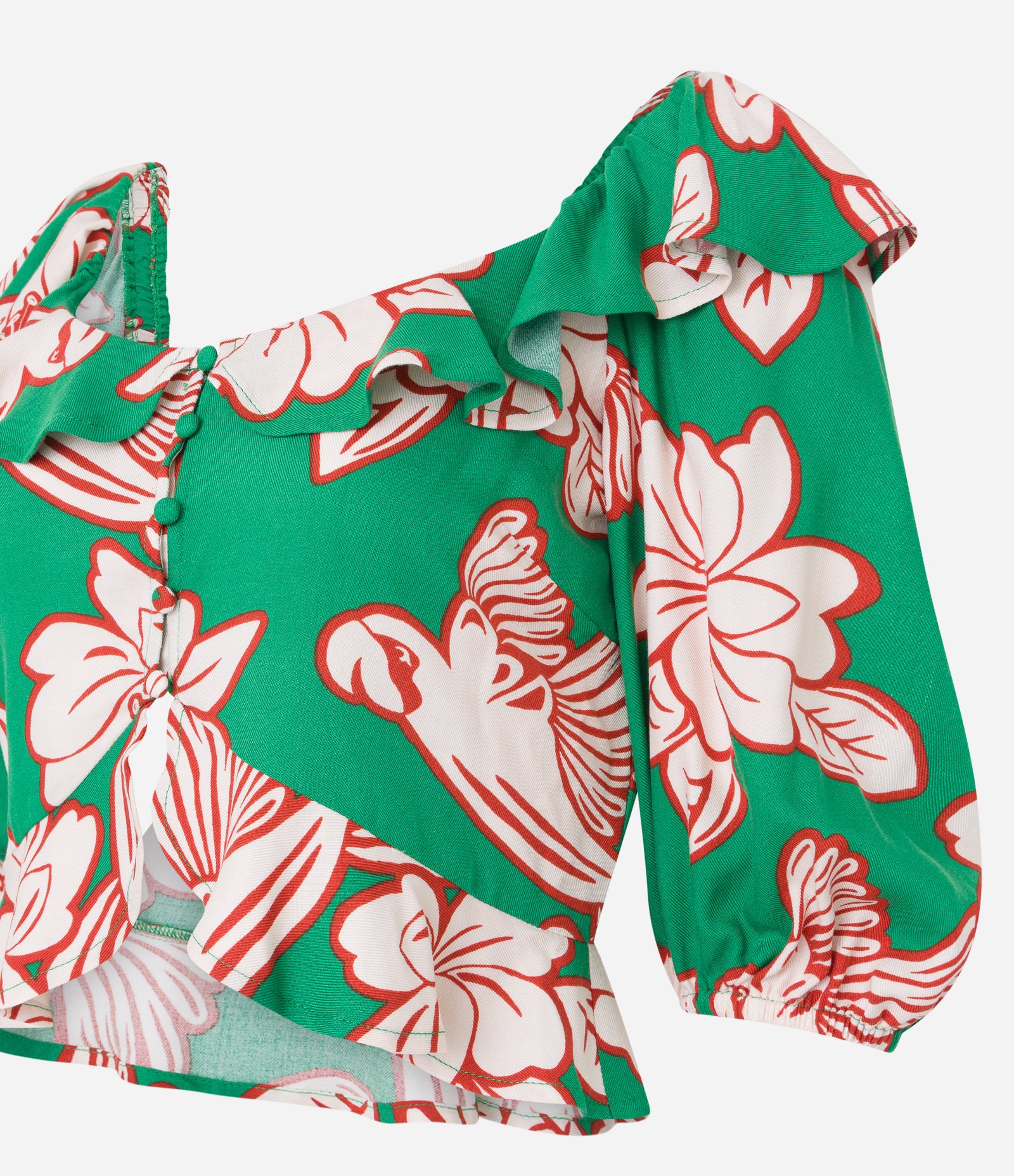 Blusa Cropped Manga Bufante em Viscose com Flores Estampadas Verde 6