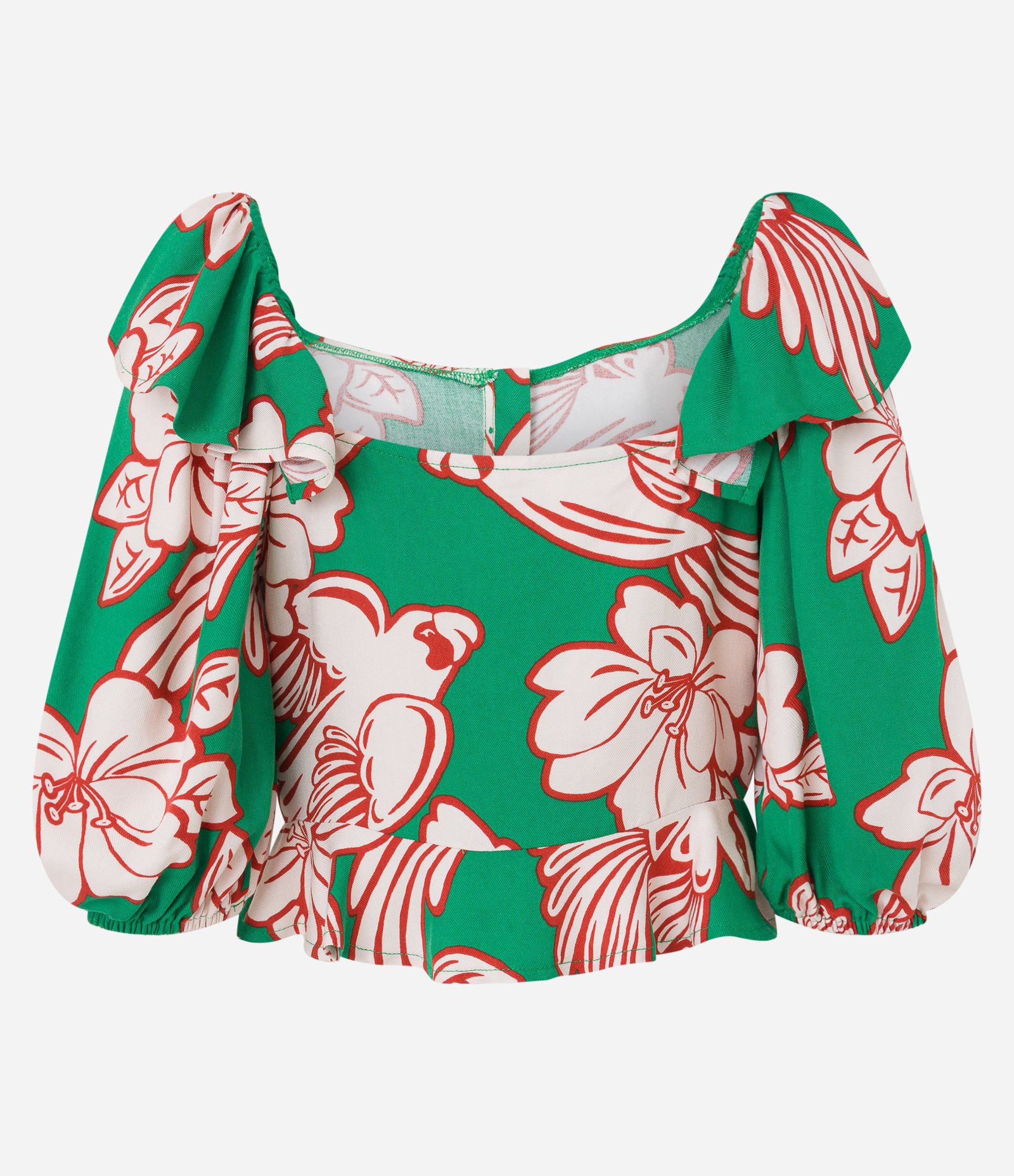 Blusa Cropped Manga Bufante em Viscose com Flores Estampadas Verde 7