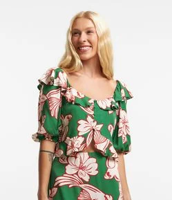 Blusa Cropped Manga Bufante em Viscose com Flores Estampadas