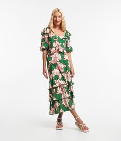 Saia Longa em Viscose com Babados e Flores Estampadas