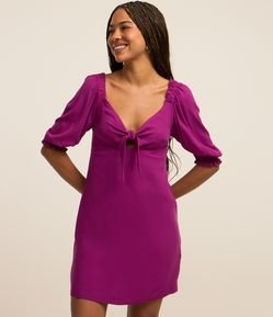 Vestido Curto em Viscose com Amarração e Manga Bufante