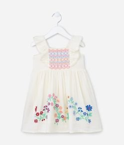 Vestido Infantil em Ana Ruga com Bordado Floral - Tam 1 a 5 anos