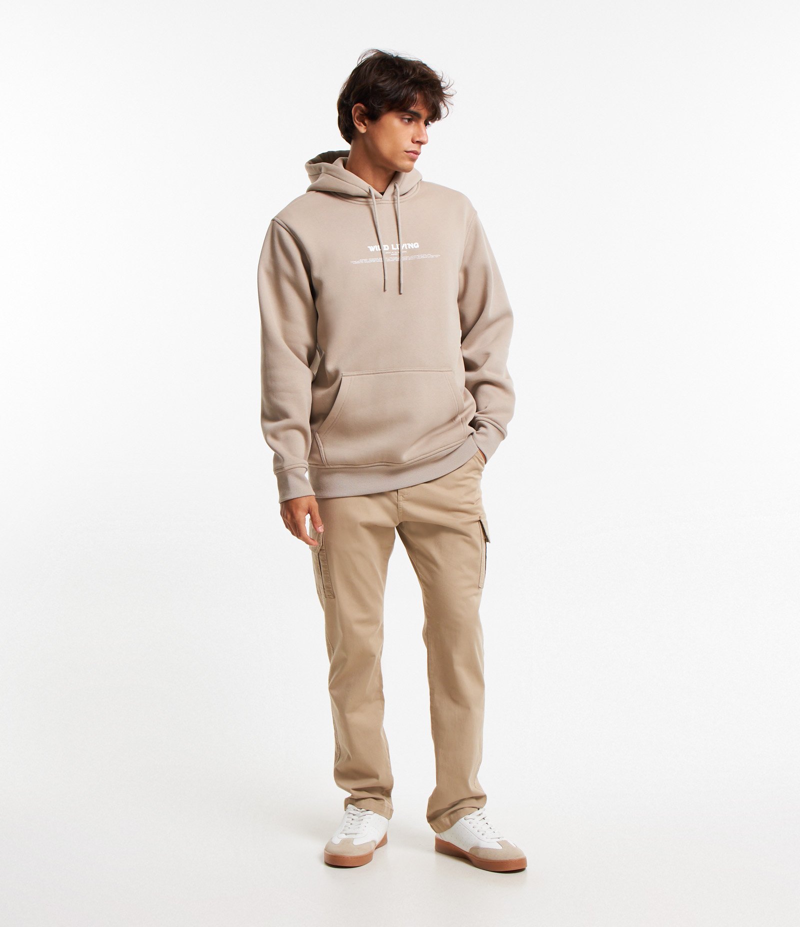 Blusão em Moletom com Capuz e Lettering Wild Living Bege 2