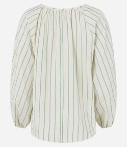 Blusa Bata em Viscolinho com Amarração na Gola e Estampa Listrada