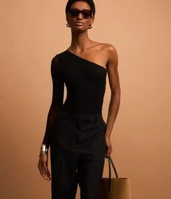 Body em Tule com Ombro Único e Manga Longa