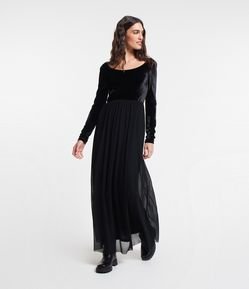 Vestido Longo em Veludo com Saia em Tule Flocado