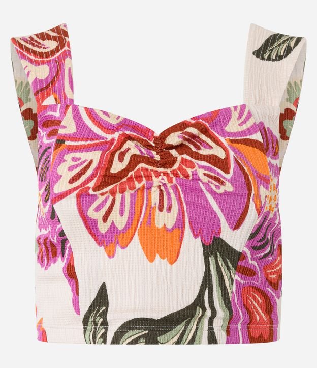 Blusa Cropped Texturizada com Pesponto nas Alças e Estampa Floral Bege 6