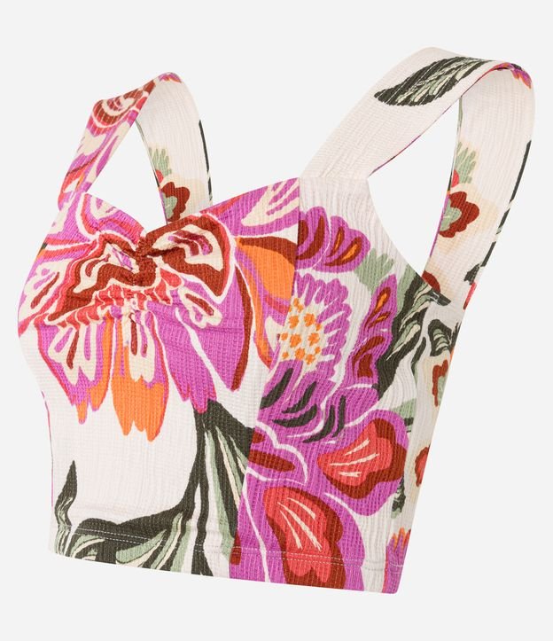 Blusa Cropped Texturizada com Pesponto nas Alças e Estampa Floral Bege 7