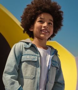 Camisa Infantil em Jeans Denim com Zíper e Capuz - Tam 5 a 14 Anos