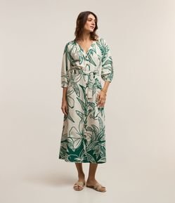 Vestido Midi em Viscolinho com Estampa de Folhagens e Amarração