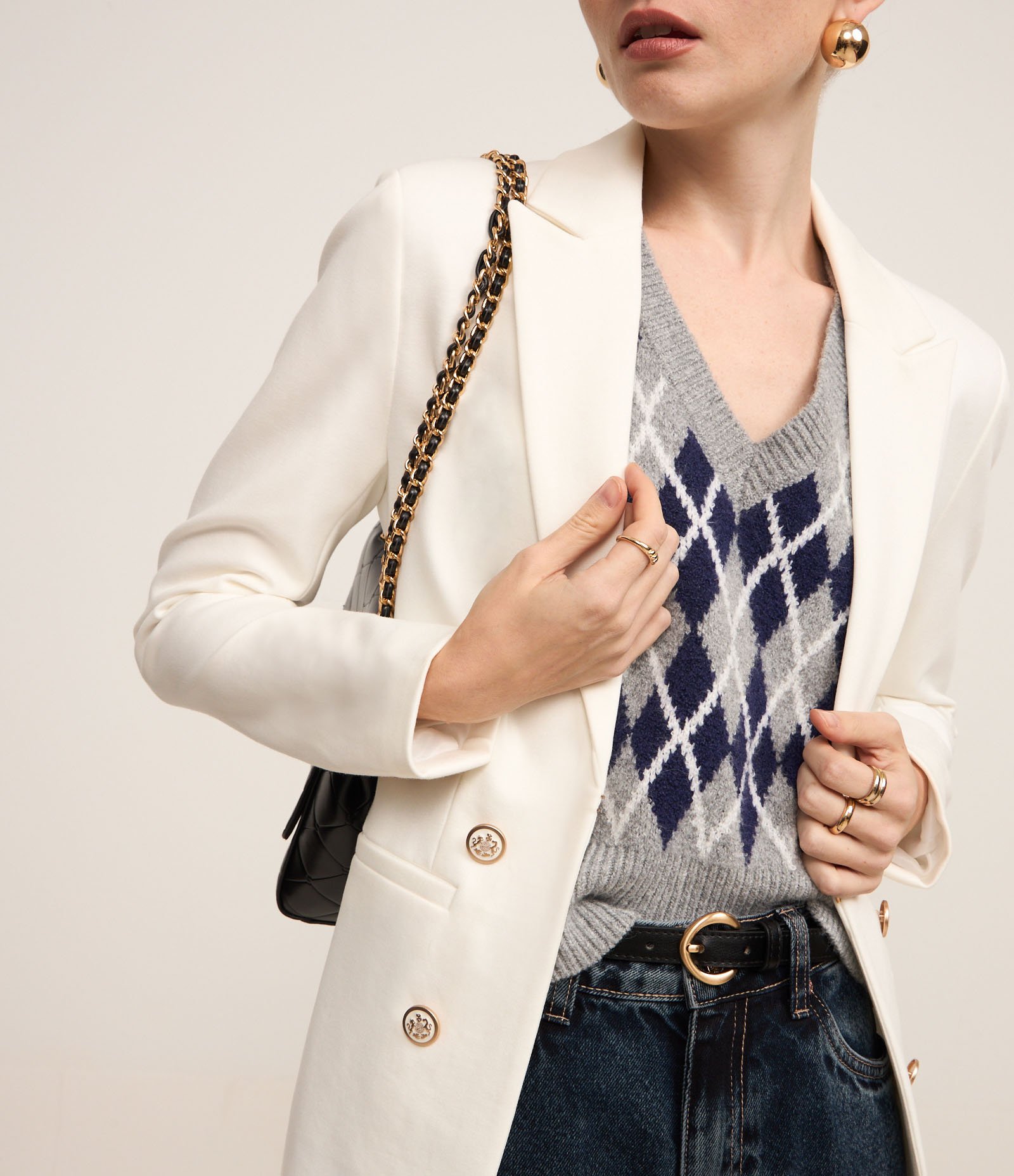 Blazer Alfaiatado em Ponto Roma com Botões Brasão Branco Neve 1