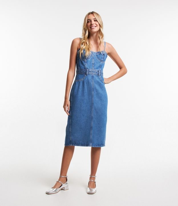 Vestido Curto Corset em Jeans com Alças Finas e Tachas