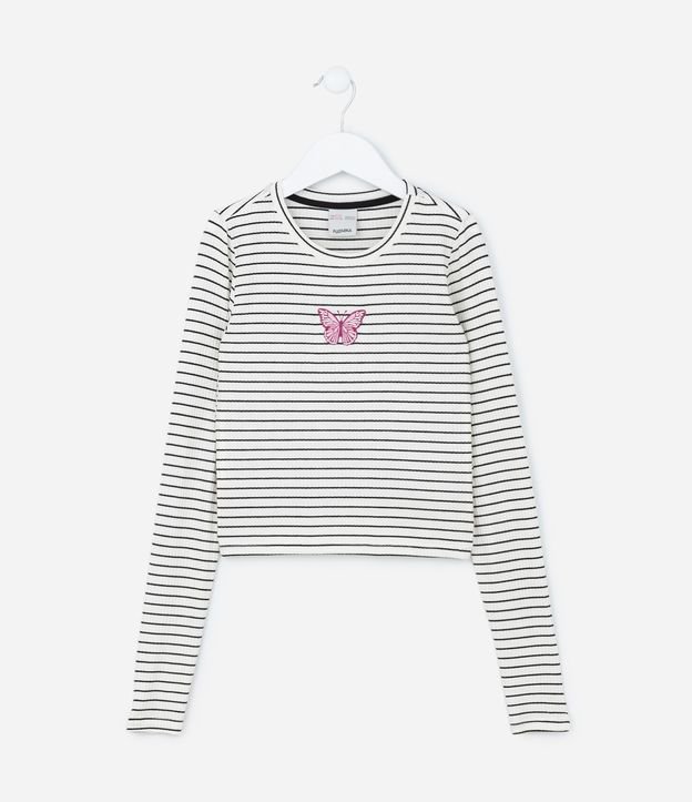 Blusa Infantil Canelada com Bordado Borboleta - Tam 5 A 14 Anos
