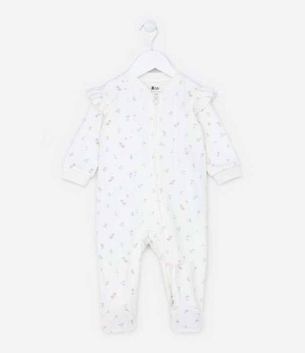 Macacão Infantil em Plush com Estampa Floral e Babado nos Ombros - Tam 0 a 18 meses