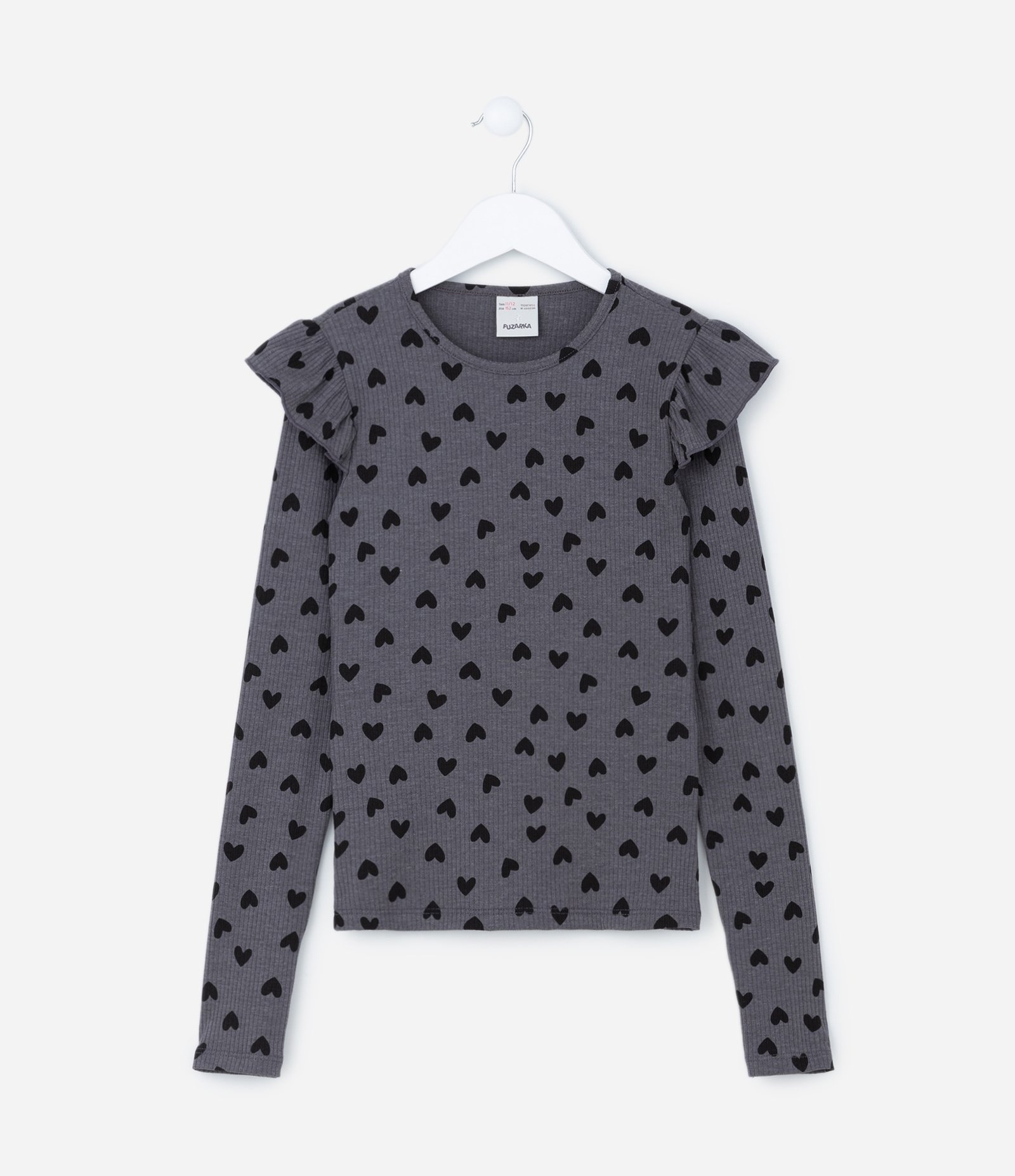 Blusa Infantil com Babados e Corações Estampados - Tam 05 a 14 Anos Cinza 1