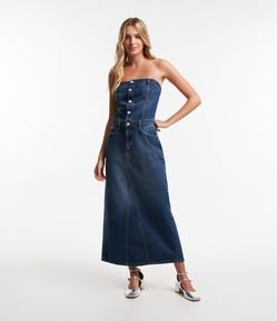 Vestido Longo Sem Alça em Jeans com Fenda