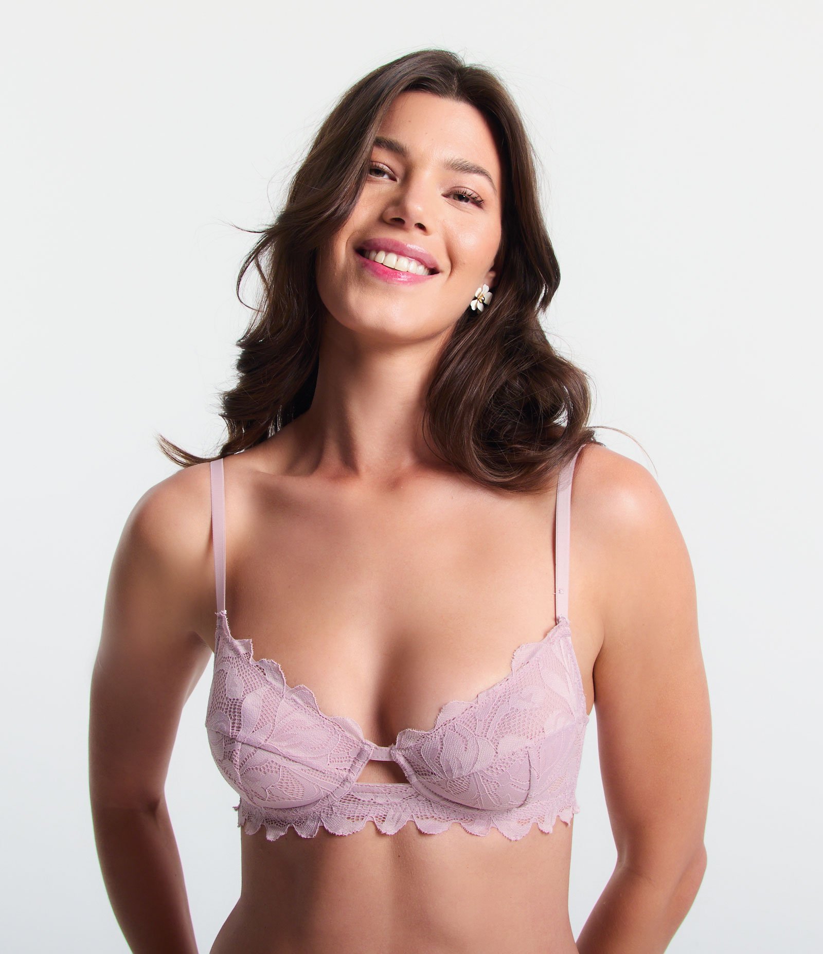 Sutiã sem Bojo em Renda Floral com Aro e Alça Regulável Rosa Claro 1