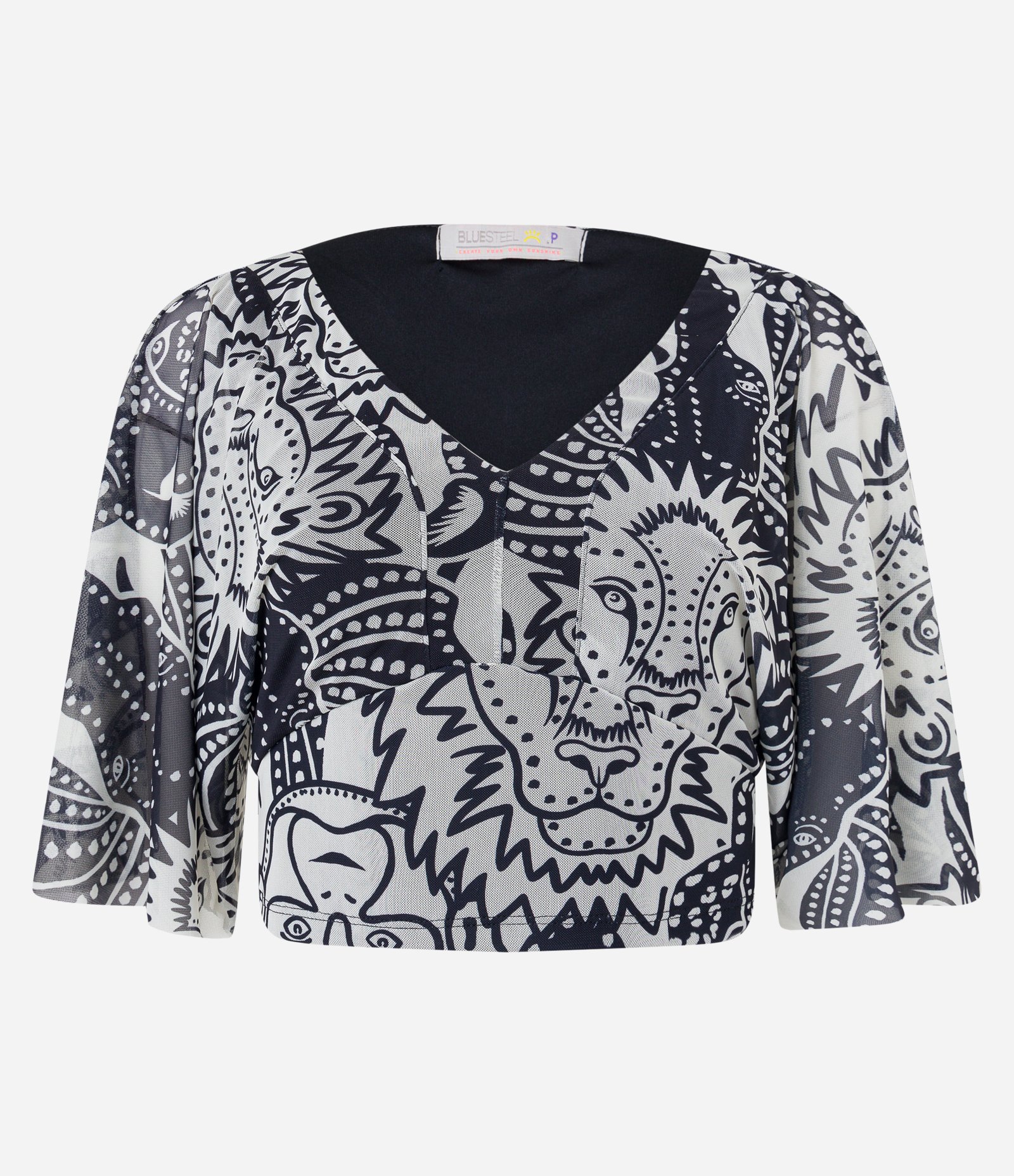 Blusa Cropped em Tule com Manga Ampla e Estampa Leão Preto/Branco 5