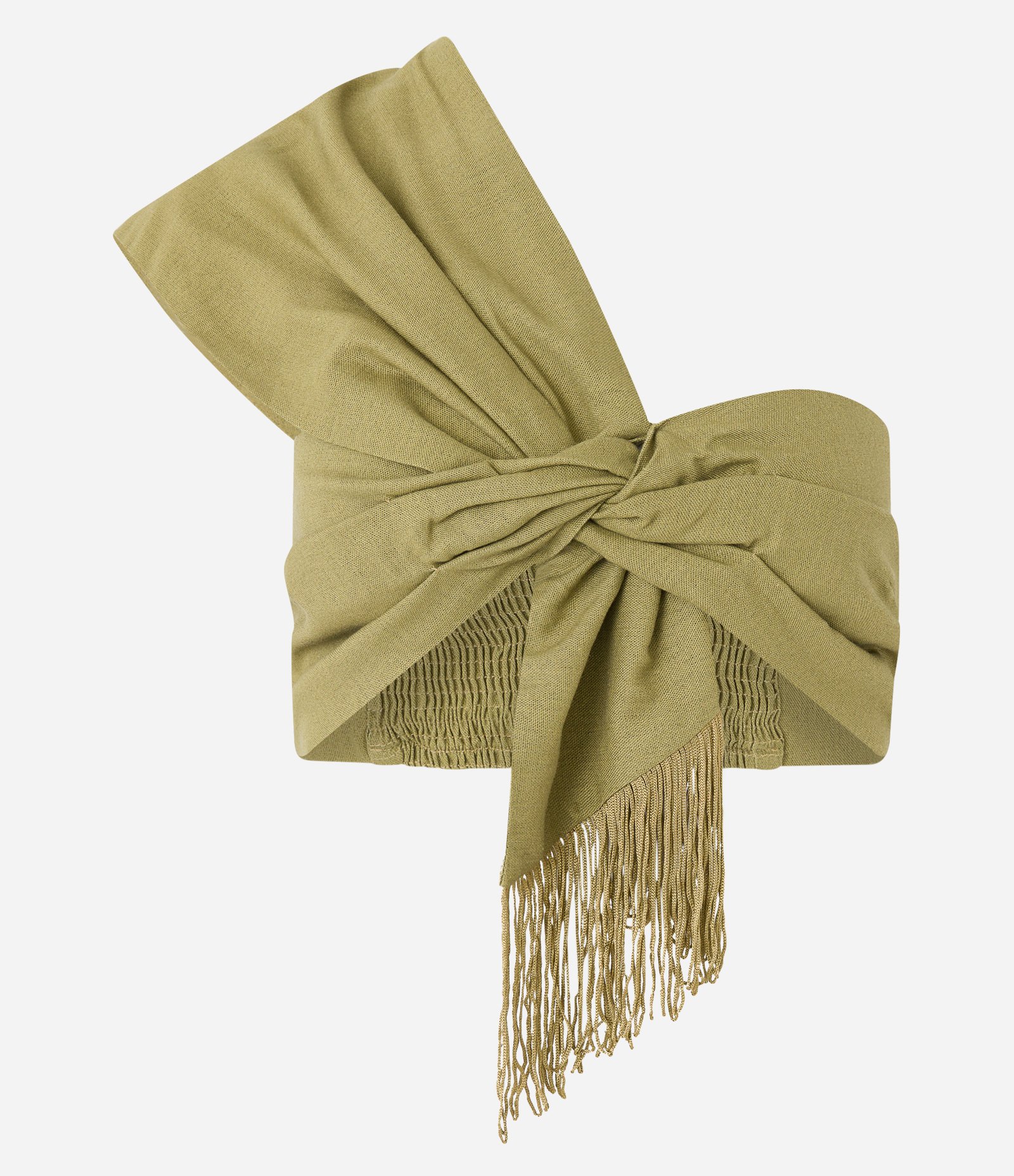 Blusa Cropped em Linho com Ombro Único e Franjas Verde Oliva 5