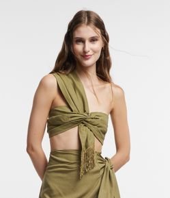 Blusa Cropped em Linho com Ombro Único e Franjas