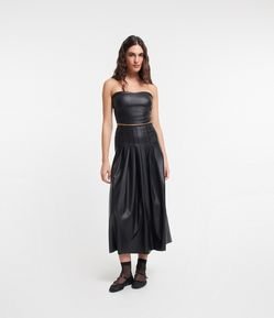 Saia Midi em Pu com Pregas