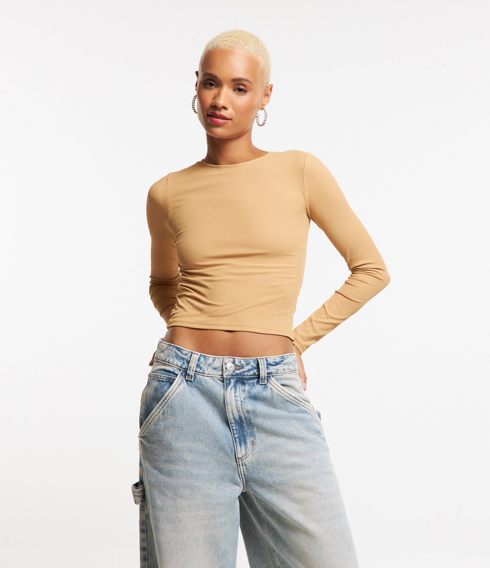 Blusa Manga Longa em Ribana de Poliamida Bege 1