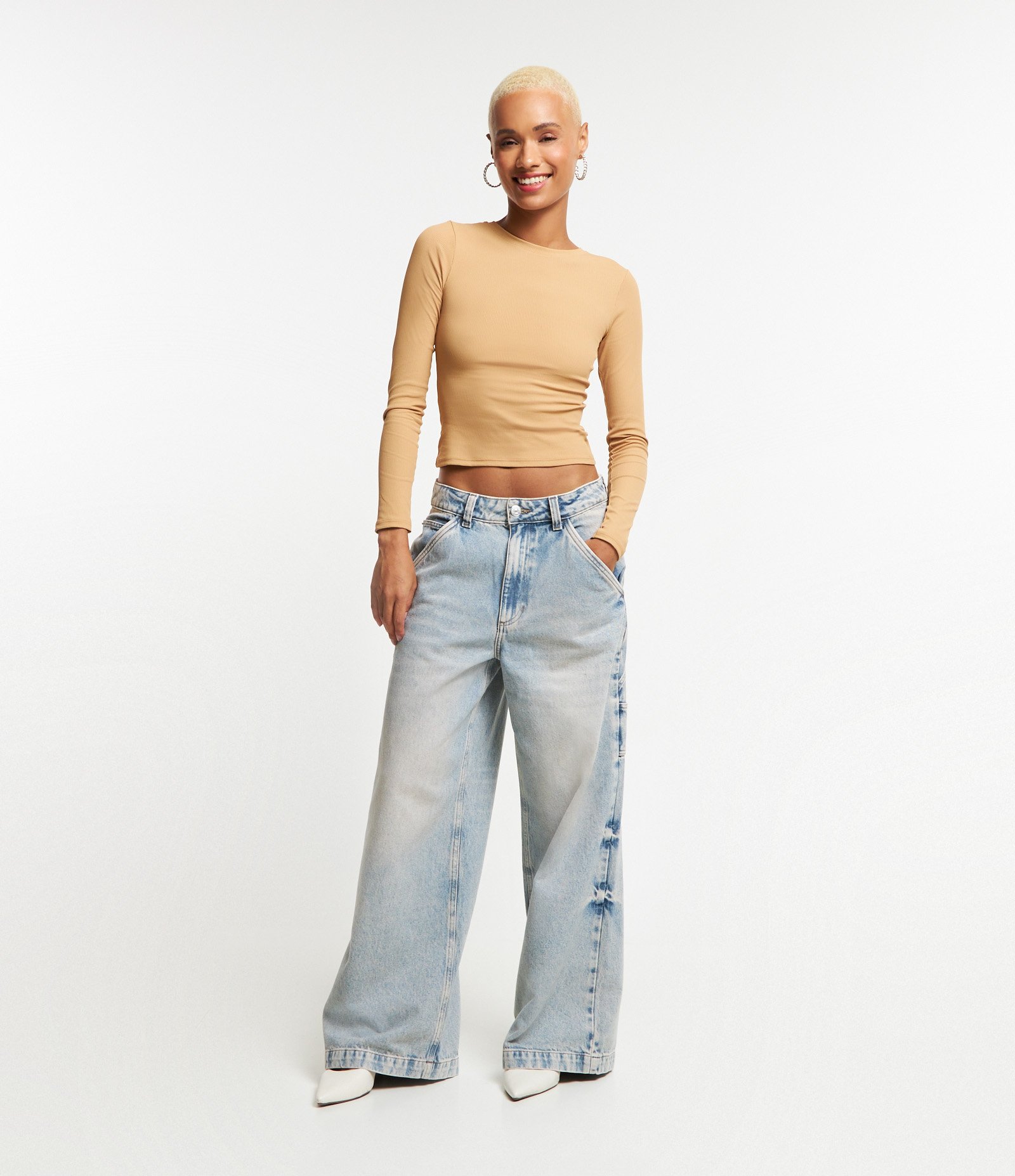 Blusa Manga Longa em Ribana de Poliamida Bege 2