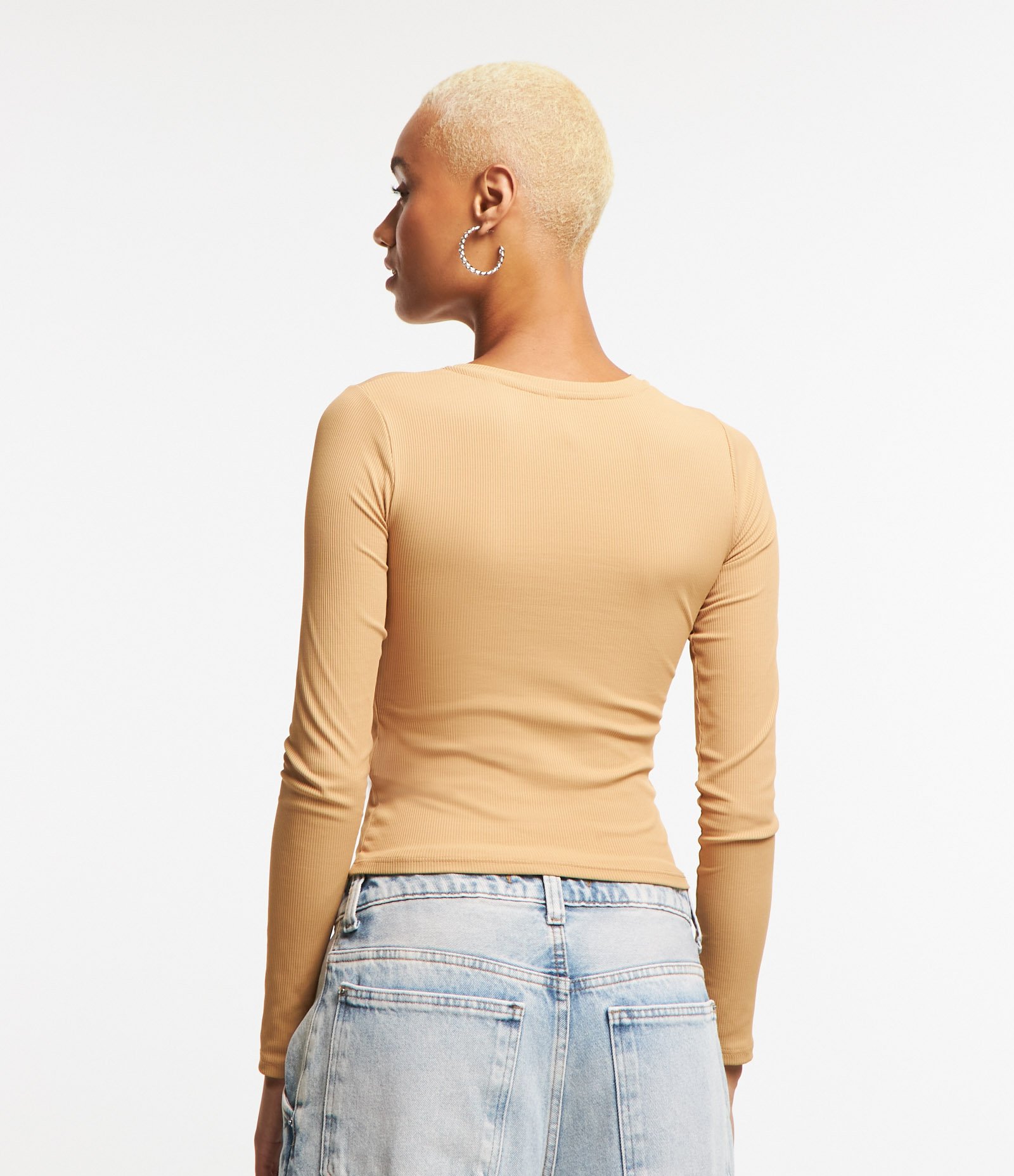 Blusa Manga Longa em Ribana de Poliamida Bege 3