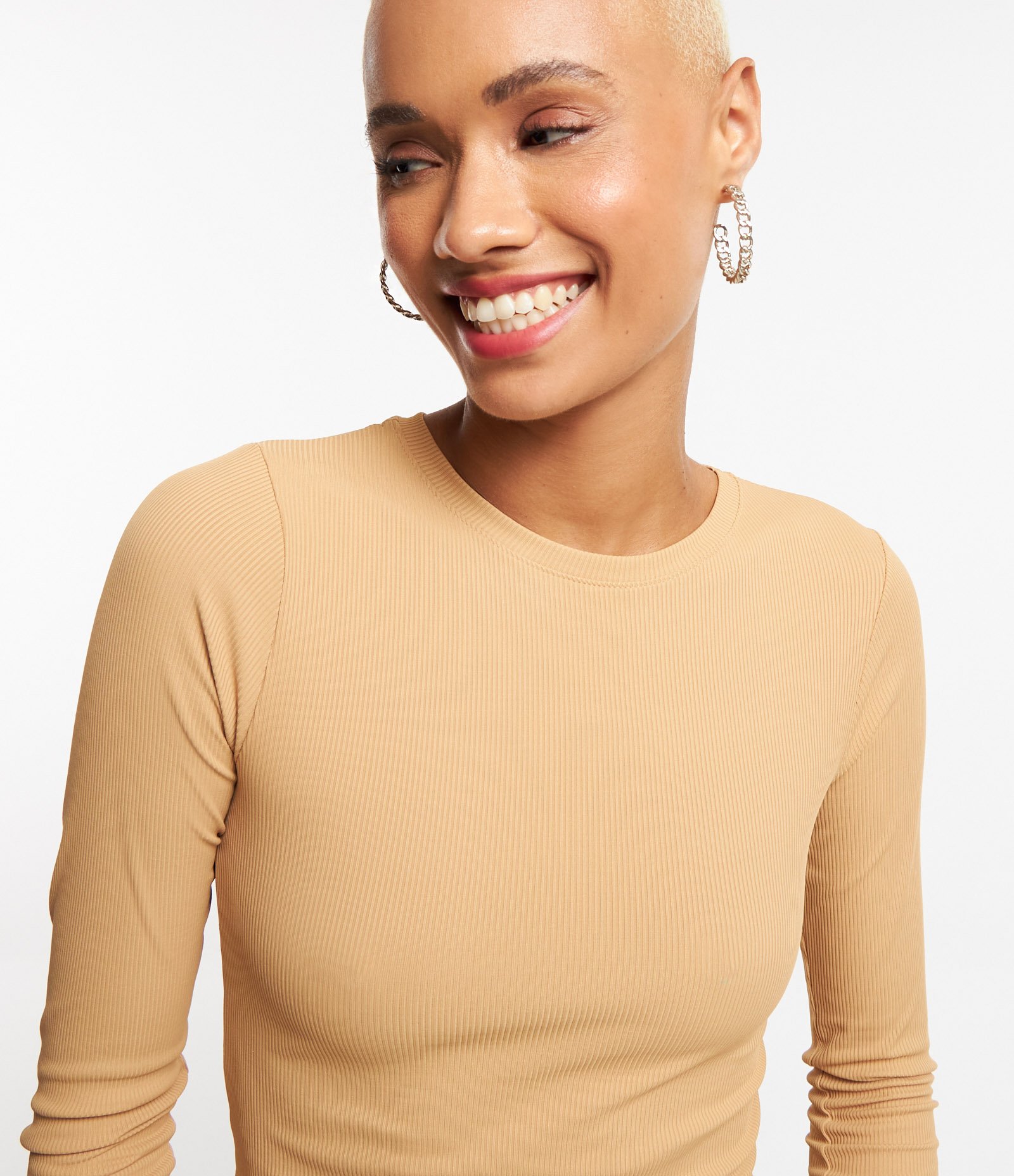 Blusa Manga Longa em Ribana de Poliamida Bege 4