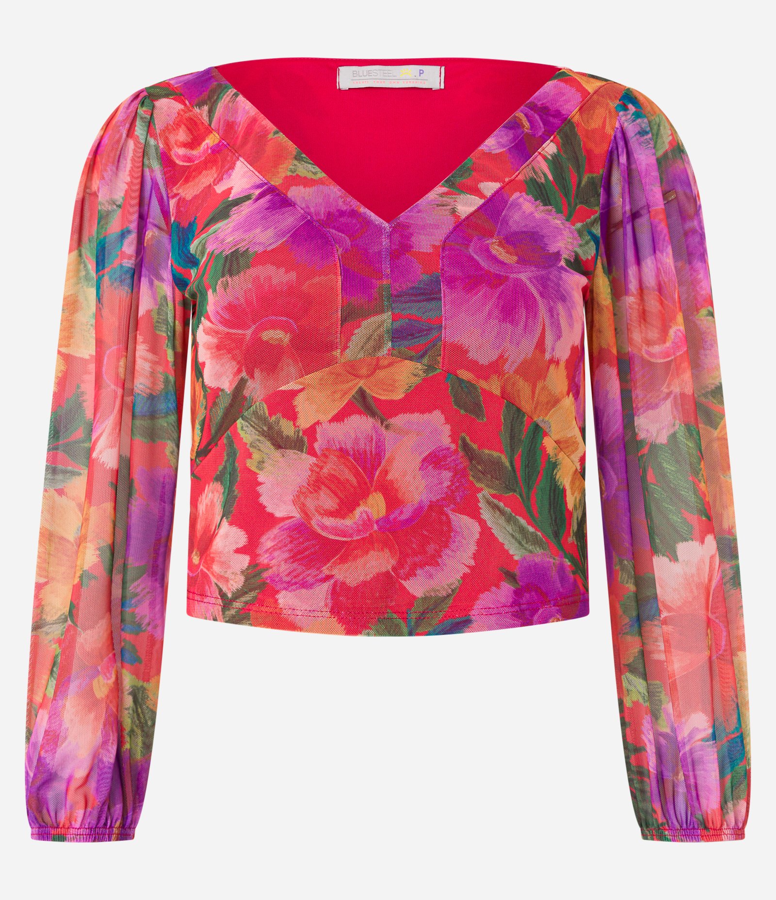 Blusa em Tule Floral com Manga 7/8 Bufante Vermelho 5