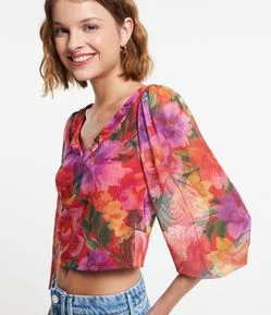 Blusa em Tule Floral com Manga 7/8 Bufante