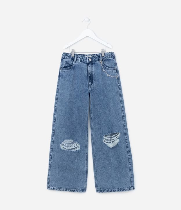 Calça Wide Leg Infantil em Jeans com Correntinha e Rasgos - Tam 5 a 14 Anos Azul 1