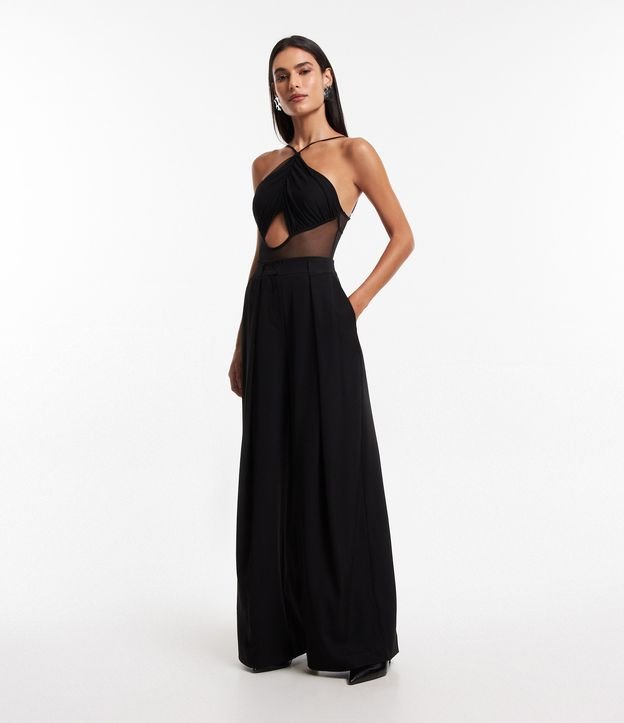 Calça Wide Leg em Crepe Alfaiatada com Bolsos e Recortes