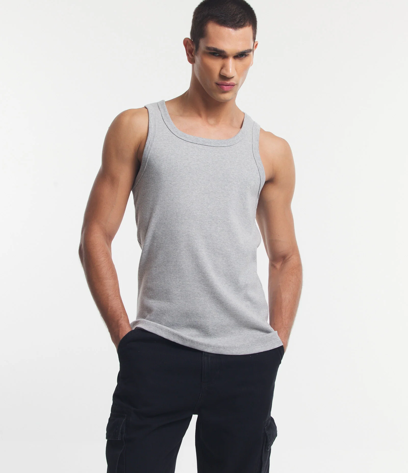 Regata Regular em Algodão com Fundo Mescla Cinza 1